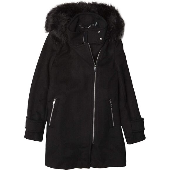 New! CALVIN KLEIN Wool-Blend Hooded Faux Fur Black Coat Jacket XL Zip-Front - Picture 12 of 12